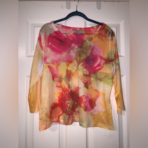 Floral CottonTop; Multi Colored; 3/4 Sleeve - Picture 1 of 4